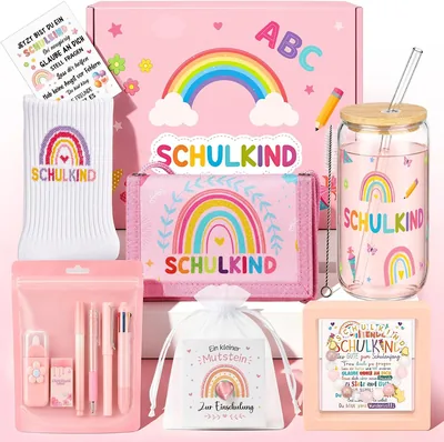 Tuzelia Schulset für Mädchen - Schuljahr 2026 - Schulkonenfüllung mit Glasbecher und Halstasche