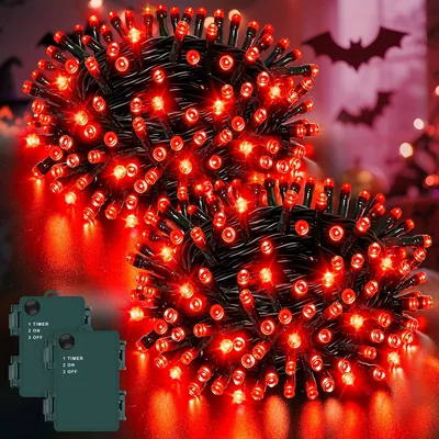 Dalugo Pack von 2 Rote Fee Lichter, 5 m, 50 LED Kabel, Grün mit 6 Stunden Timer, IP65 Wasserdicht Batterie für Innen und Außen Dekoration