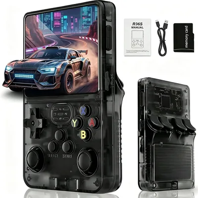 R36S Console de Jeu Portable Rétro avec Écran IPS HD 3.5 Pouces (640×480), Joysticks Duals, Batterie 3500mAh et Pied (Noir Fumée) - Meilleures Affaires
