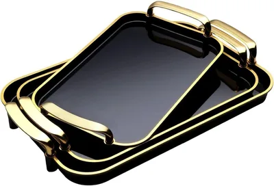 Serving Tray Set Black Gold Handles BPA-Free Plastic 3 Piece Deal