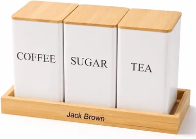 Jack Brown 3-Pc Coffee Tea Sugar Canister & Tray Countertop Organizer - White Best Deal