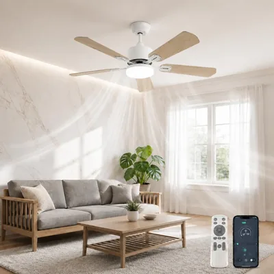 Ventilateur DATO avec éclairage et télécommande, 108 cm, 5 pales en bois, 3 températures de couleur, minuteur pour chambre et salon - Meilleur Prix