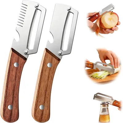 Multifunctional Vegetable Peeler - 3-in-1 Peelers with Wooden Handle, Bottle Opener & Scallion Slicer
