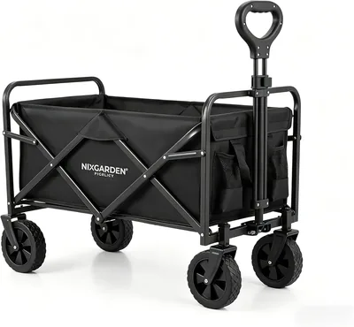 Carrito de Transporte Plegable con Ruedas Todo Terreno - Mango Telescópico Ergonómico, Ruedas Giratorias 360°, Bolsillos Laterales
