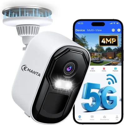 CEMANTA 4MP Outdoor Surveillance Kamera Akku - 2.4G/5GHz WiFi, Kostenloser Cloud-Speicher, IP66 Wetterfest, AI-Erkennung, Farbe (91% Rabatt)