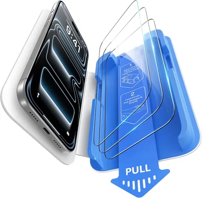 MOBOSI 3-pack iPhone 17 Pro skärmkälla, enkelt att installera härtat glas med automatisk justeringsbrikka, splittersäker, bu