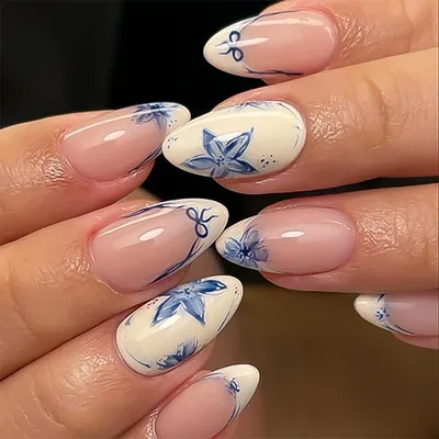 24Pcs Press-On Nails Blue & White Simple Design Easy Application with Jelly Glue Best Price