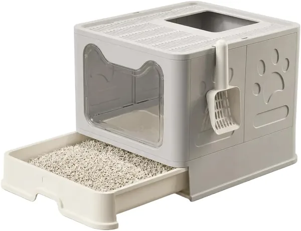 Caja de arena para gatos cerrada con cajón extraíble y doble entrada - Bandeja higiénica con tapa, puerta transparente, acceso superior con filtro