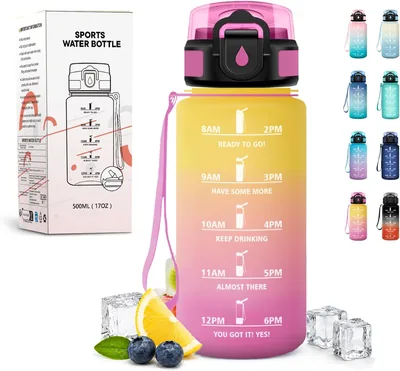 Bouteille d'eau sportive JAPORIA 500ml avec paille, sans BPA, avec marqueur horaire, étanche et réutilisable, pour l'école, le sport, le bureau