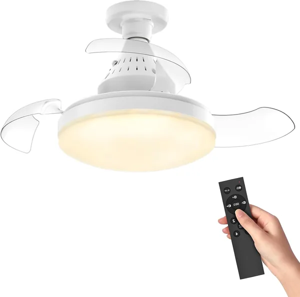 Ventilador de techo de 40 cm con luz remota E27, 3 aspas invisibles, 4 velocidades, 3 temperaturas de color 3000-6500K, operación silenciosa, 30W 2