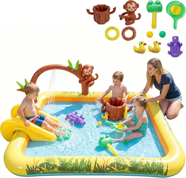 Piscine gonflable HOMASIS pour enfants avec toboggan requin et jet d'eau, parc aquatique inflable, piscine de paddle pour bébé 2-6 ans - Meilleures affaires