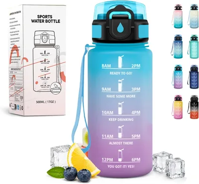 Bouteille JAPORIA de 500 ml, Bouteille d'eau avec paille, Marqueur de temps, Étanche et réutilisable, Bouteille graduée pour le cyclisme, l'école