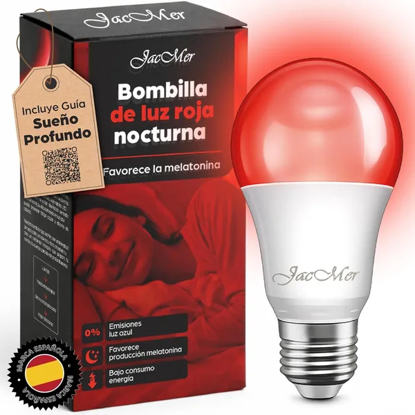 Luz Roja Nocturna Melatonina | Bombilla LED Roja E27 7W | Sin Luz Azul | Sin Parpadeos | Respeta el Ritmo Circadiano