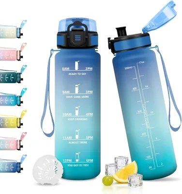 Boccali d'acqua JAPORIA da 500 ml, Bottiglia motivazionale con indicatore di tempo, Filtro integrato, Senza BPA