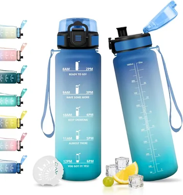 Bouteille d'eau JAPORIA 1L avec marqueur horaire, filtre, bouteille motivante, sans BPA, réutilisable, étanche, pour sport