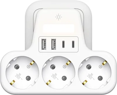 3-Wege-Mehrsteckdose mit USB, Doppelstecker für Steckdose, Stromkabel mit USB C, Schaltbarer Steckeradapter
