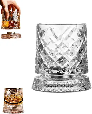 Rrotating Whiskey Glass, 360 Grad Spinande Kristall Bourbon Tumbler med Unik Relief Base, Leadfritt Premium Glas, Old Fashioned - Best Price