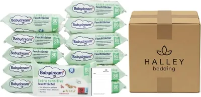 Halley Bedding Bundle: Babydream Feuchttücher 12 x 80 cm mit Notizbuch | Ohne Duft, mit Aloe Vera und Allantoin. 12er Pack