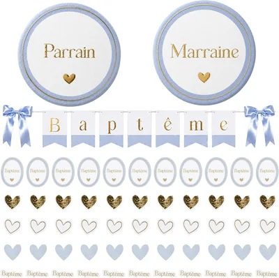 Kit de décoration de baptême - 4 éléments (guirlande, badge de parrain, badge de marraine, 100 confettis) - Décoration table de baptême
