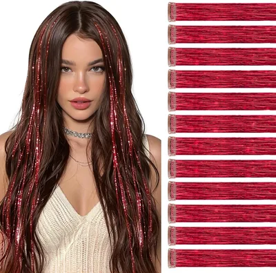 Sofeiyan 12 x Cheveux Extérieurs Pailletés pour Fixation par Clip, 50 cm Rouge Pailleté Réutilisable pour Femmes, Cheveux Tinsel Colorés pour Hallo - Meilleur Prix