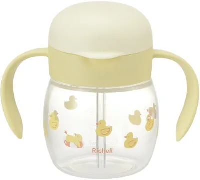 Richell 120761 広口ストローカップ、ダック、9.1fl oz (270ml)、生後5ヶ月以上、漏れ防止、ポリプロピレン | 保湿