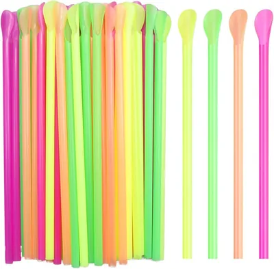 YIPFEN 100 Paquets de Paille en Granite avec Cuillère, 6mm x 20cm, Couleurs Fluorescentes, Plastique Alimentaire, Paille pour Sorbet et Milkshake - Meilleure Affaire