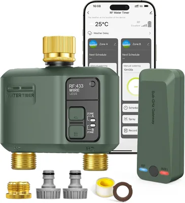 Intelligent irrigationsystem med Wi-Fi, 2 zoner, brasse indtastning och udgivelse, regnforhåll/automatisk irritering, ideel för