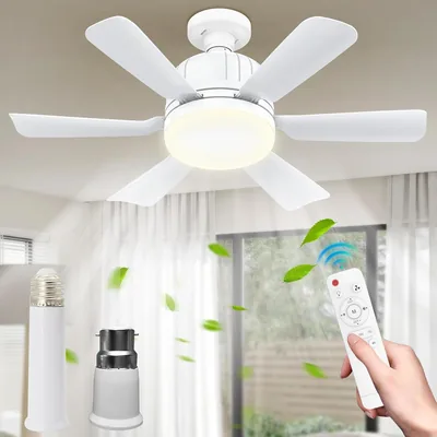 Ventilateur de plafond avec lumière et télécommande, 46CM 40W Silencieux Ventilateur E27 à 3 Niveaux, Lampe LED Dimmable, 3 Vitesses, 2/4h Ti - 86% de réduction