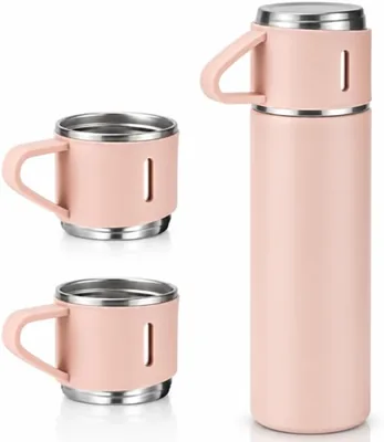 Stainless Steel Vacuum Flask 500ml Double Wall Insulated BPA Free with 3 Cups Hot Cold Drinks Salmon Best Deal