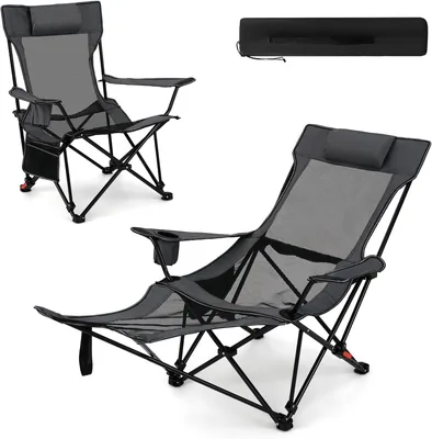 GIANTEX Set of 2 Camping Chairs med uttakbar fötstöd, justerbar rygglege i 4 positioner, koppholder, sidsak och