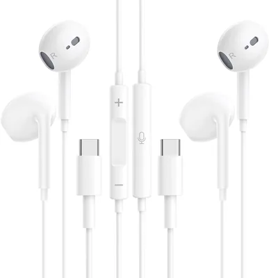 Écouteurs intra-auriculaires USB-C filaires 2x pour iPhone et Samsung | Blanc, version 2026 améliorée, son stéréo Hi-Fi intégré