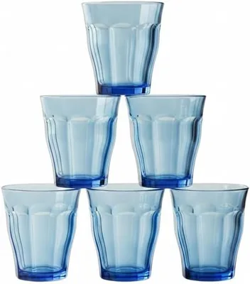 Duralex - Juego de 6 Vasos de Agua de Cristal 310 ml Picardie Azul Marino, Copas de Vidrio de Baja Embocadura, Apto para Lavavajillas y Microondas
