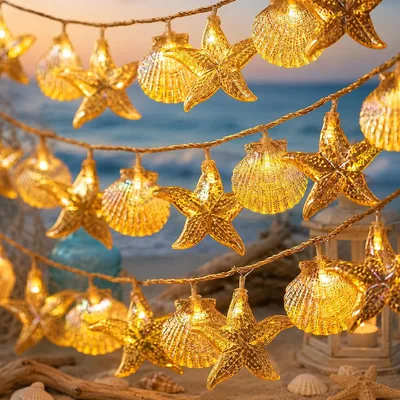 ZingBox Meerestiere Lichterkette, 3 m 20 LED, Muscheln Starfisch, Warmweißes Licht, Batteriebetrieben, Maritime Lichterkette für