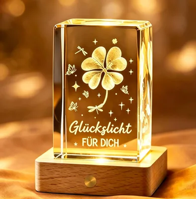 Charfia Glücksbringer, LED-Glas-Kristall-Deko-Lampe mit Holzbasis, Stimmungslicht