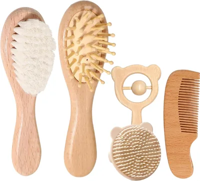 Masroo Baby Hair Brush & Comb Set - 5 Pack Wooden Baby Brush, Newborn to Toddler
