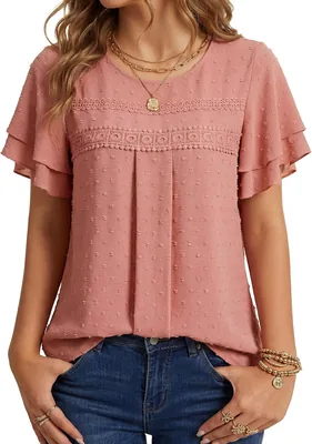 LYANER Women's Swiss Dots Lace Trim Casual Tunic Shirts