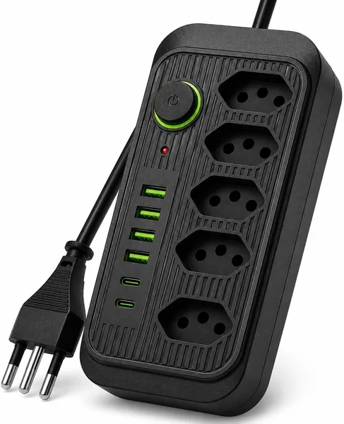 Extensão Elétrica com 5 Tomadas e USB, Régua de Energia 2500W Bivolt, Cabo 2m, Filtro de Linha, Proteção Contra Sobrecarga - Melhor Oferta