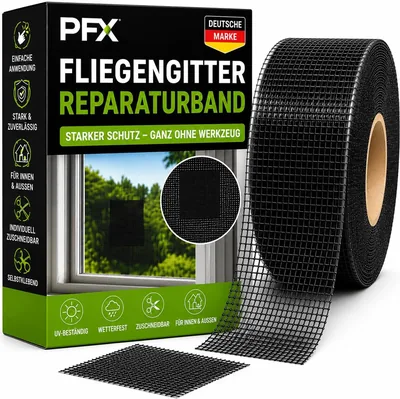 PfX Flugbildschirm Reparaturband 1 m x 5 cm, selbstklebend, Glasfaser, UV- und wetterfest, inkl. Schere, für Fenster, Balkone