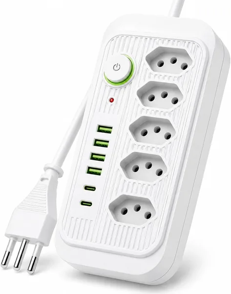 Extensão Elétrica 5 Tomadas + Filtro de Linha + 4 USB + 2 USB-C, 110/220V, 2m Cabo, 2500W, Proteção Contra Sobrecarga - Best Deal