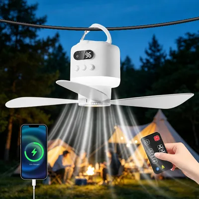 Deckenventilator mit Beleuchtung, 45 cm Campingfan für Zelt, 15600 mAh wiederaufladbarer Akku mit Fernbedienung und USB-Zeit