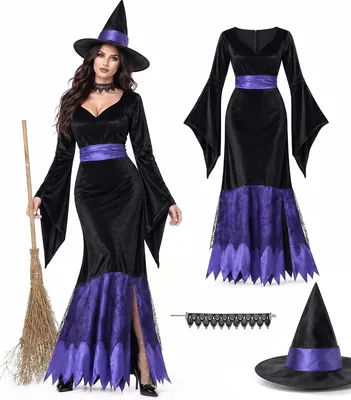 KTMOUW 3PCS Disfraz de Bruja Halloween Mujer con Sombrero y Collar