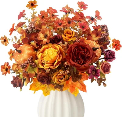 Rollway 4tlg. Herbstblumen Künstliche Blumen Herbstbouquet Orange | Fake Bouquet, Herbstdekorative Blumen Kürbis