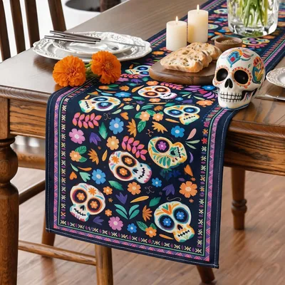 Mantel de Día de Muertos GALASALA, 33x183 cm, Lavable en Máquina
