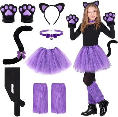 Haull 8 Pcs Halloween Cat Costume Accessories Kitten Tail, Paw Gloves, Choker