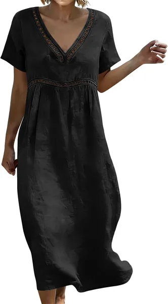 Robe en lin coton générique pour femmes - Été fluide à manches 3/4 - Couche V élégante et décontractée