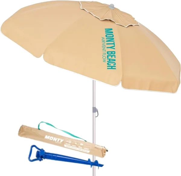 Parásole MONTY con soporte de arena, beige, aluminio ligero y duradero, 160 g poliéster con recubrimiento plateado UPF+50