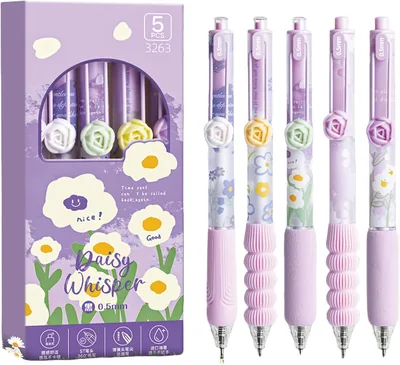 TerriFi 5 Pcs Gel Ink Pens Retractable, Cute Flower Design, Black Ink (0.5mm), Office & School Supplies