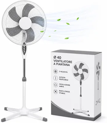 Ventilatore da pavimento Ø 40 cm Bianco - Montaggio Semplice - 50 W - 3 Velocità - Silenzioso e Stabile - Oscillazione Orizzontale - Regolazione Altezza 103-