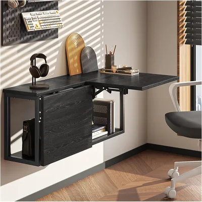 Escritorio Flotante Plegable de Pared Alma Hogar 2 Piezas con Estante, Ahorra Espacio (Negro) - Mejor Oferta