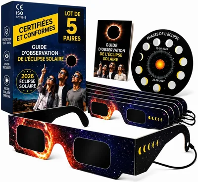 Lunettes de Soleil Génériques Éclipse 2026 - Lot de 5 Certifiées ISO 12312-2 - Meilleure Offre